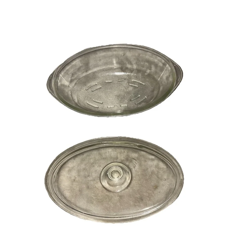 Vintage Glasbake Oval Casserole Clear Glass‎ Lid 1 qt J235 *flaw